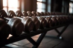 filas de pesas en el gimnasio cerca arriba de moderno pesas equipo en el deporte gimnasia, gimnasio equipo concepto. generativo ai foto