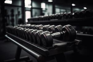 filas de pesas en el gimnasio cerca arriba de moderno pesas equipo en el deporte gimnasia, gimnasio equipo concepto. generativo ai foto