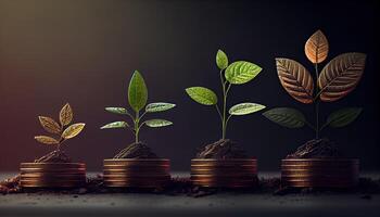 a row of stacks of coins with a plant growing out of them. Tree leaf on save money coins, Business finance saving banking investment concept photo