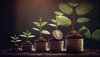 a row of stacks of coins with a plant growing out of them. Tree leaf on save money coins, Business finance saving banking investment concept photo