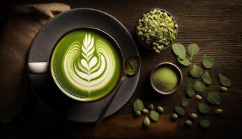 Matcha green tea with latte art foam in cup with powder on dark wooden table, latte art, hot green tea, milk, soy milk, Morning traditional beverage with . photo