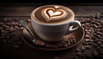 café latté con cremoso y espuma en taza y latté Arte forma en oscuro de madera mesa, con café frijoles decoración, calma y relajarse café, relajación tiempo, caliente bebida, con generativo ai. foto