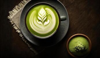 Matcha green tea with latte art foam in cup with powder on dark wooden table, latte art, hot green tea, milk, soy milk, Morning traditional beverage with . photo