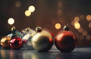 Close up view of beautiful with shiny gold bauble or ball, xmas ornaments and lights, christmas holidays background. . photo