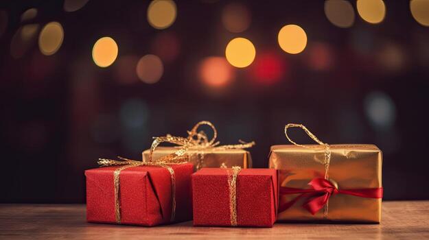 Christmas presents wrapped in red paper with gold ribbon on on wooden table background and bokeh. Place for typography and logo. Copy space. . photo