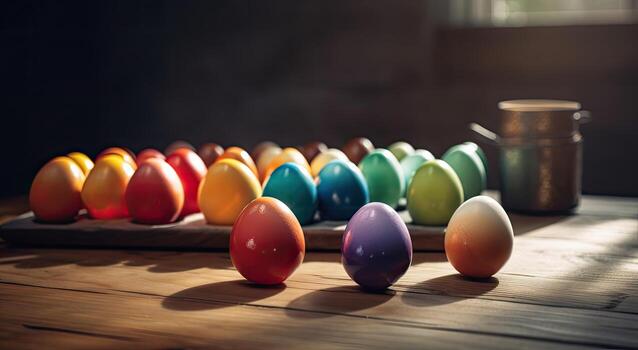 row of colorful easter eggs on wooden table and bokeh background, place for typography and logo. Rustic wooden table. Easter theme. . photo