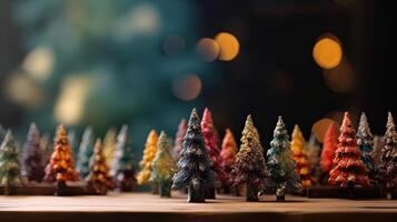 fila de vistoso Pascua de Resurrección huevos en de madera mesa y bokeh fondo, sitio para tipografía y logo. rústico de madera mesa. Pascua de Resurrección tema. generativo ai. foto