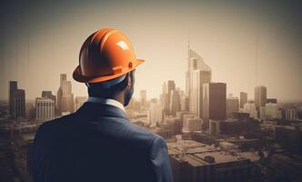 Construction concept. at back of the construction worker head which is wearing the safety helmet and checking work at the construction site. Non-existent person. photo