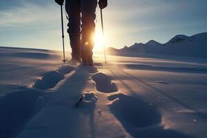 backpack in snowshoes climbs a snowy mountain, winter trekking, hiking equipment. . photo