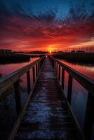 de madera tablón pasarela líder a un hermosa puesta de sol en el lago. generativo ai. foto