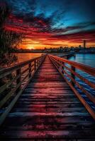 Wooden plank walkway leading to a beautiful sunset on the lake. . photo