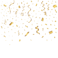 Confetti PNG with golden ribbon for festival background. Confetti and ribbon falling background. Golden confetti on transparent background. Event and party Celebration PNG. Carnival element.