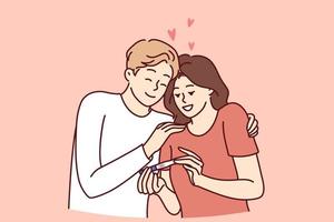 Happy couple with pregnancy test rejoices to see result predicting birth of child. Man and woman hugging in love looking at pregnancy test after successful conception for family planning concept vector