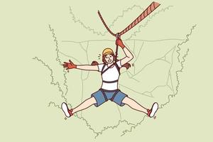 Woman tourist hangs on zip line over forest cliff enjoying extreme vacation in picturesque place. Tourist girl descends from mountain on rope getting adrenaline from adventures while traveling vector