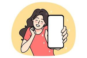 sonriente niña espectáculo teléfono inteligente con Bosquejo pantalla vector