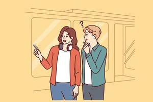 Man and woman are standing near subway or tamway car, choosing shortest path and discussing where to go next. Girl with headphones around neck helps tourist who has lost his way to choose path vector