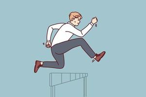 Businessman jumps over obstacle in pursuit of success and new clients for company or record breaking statistics. Purposeful businessman in formal wear running showing leadership skills vector