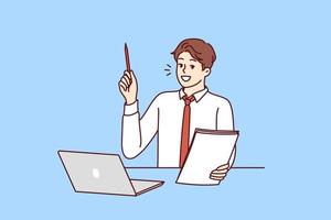 Businessman is sitting at table with laptop raising pen up participating in webinar on management. Guy student with notebook in hand raises hand wishing to become successful businessman vector