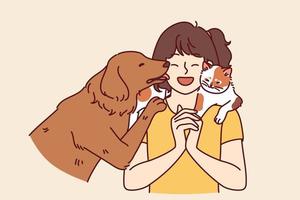 Little girl with pets enjoys communicating with cat sitting on shoulder and dog licking face. Teenage girl laughs rejoicing at presence of pets and makes friends with kitten and puppy vector