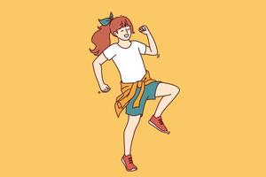 Little girl elementary school student stands in pose of running person for concept of happy childhood. Positive teenage girl with good mood dressed in casual clothes for summer walks vector