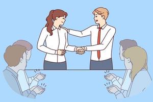 Handshake of boss and new employee of company during business meeting with colleagues. Man boss shakes hands with employee who has successfully completed complex project or attracted most customers vector