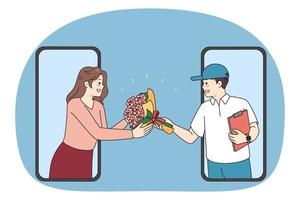 Deliveryman give flowers to woman through cell screen vector