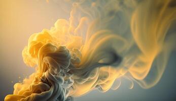 , Flowing light yellow smoke with splashes. Soft fluid banner, spring female mood, 3D effect, modern macro realistic abstract background illustration, ink in water effect. photo
