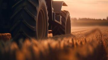 , closeup modern combine harvester on a wheat field, farm landscape, agricultural beautiful countryside. Nature Illustration, realistic horizontal banner. photo