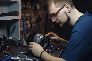 A surveillance service worker installs a camera. photo