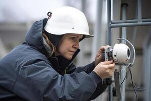 A surveillance service worker installs a camera. photo