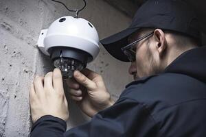 un vídeo vigilancia Servicio trabajador instala un cámara. generativo ai foto