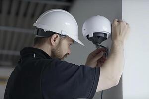 A surveillance service worker installs a camera. photo