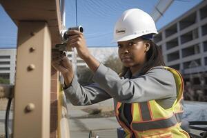 A surveillance service worker installs a camera. photo