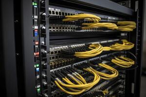 Ethernet cables and path panel in rack cabinet. photo