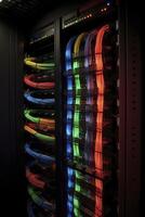 Ethernet cables and path panel in rack cabinet. photo