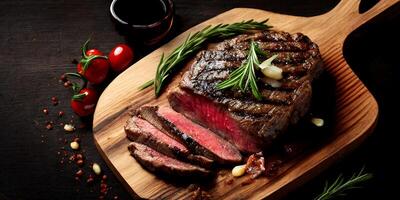 The steak with ingredients on the wood plate with . photo