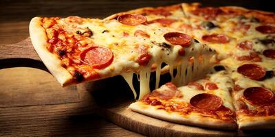 The pepperoni pizza and a piece of streched cheese pizza with . photo