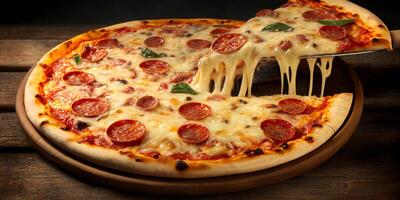 el pepperoni Pizza y un pedazo de estirado queso Pizza con ai generado. foto