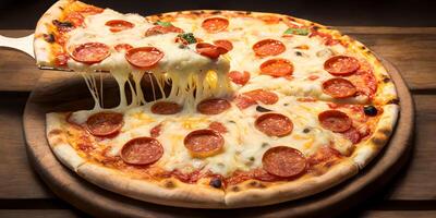 The pepperoni pizza and a piece of streched cheese pizza with . photo