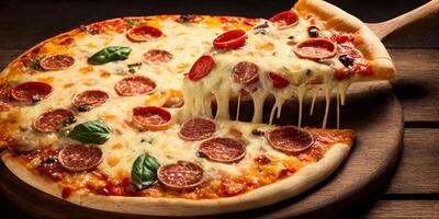 el pepperoni Pizza y un pedazo de estirado queso Pizza con ai generado. foto