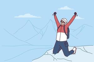 inspirado viajero hombre soportes en cima de la montaña alegría a exitoso alpinismo Everest pico o nuevo mundo registro. masculino turista levanta manos como firmar de victoria después alpinismo en difícil a alcanzar sitio vector