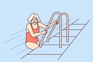 Elderly woman in pool of hotel or spa after finishing aqua treatments for healthy lifestyle. Retired woman in swimming suit in pool leaves water completing workout and wellness fitness session vector