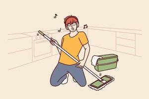 Man cleaning floor with mop stands in pose of rock musician imagining that is holding guitar and performing at concert. Guy in headphones does cleaning dreaming of performing at music rock festival vector