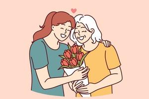 Woman hugs elderly mother and gives bouquet of flowers congratulating with birthday or mother day and thanks for good upbringing. Grown up daughter takes care of mother of retirement age vector