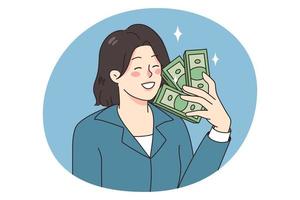 sonriente mujer de negocios sostener dólar billetes en manos vector