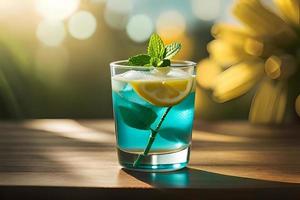 Refreshing Fruity Summer Drink on Table with Lemon and Mint photo