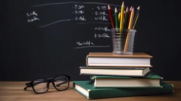 Free photo stack of books with pencil holder and glasses against a chalkboard,