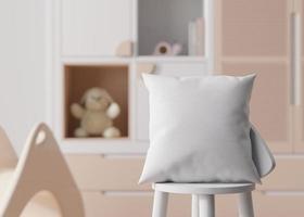 blanco cuadrado almohada en niños habitación. blanco amortiguar caso modelo para tu gráfico diseño presentación. almohada cubrir burlarse de arriba para imprimir, patrón, personalizado ilustración. de cerca. 3d representación. foto