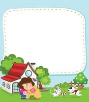 Empty banner template with kid girl looking at flower in front of the house illustration vector