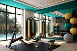 Modern gym interior with sport and fitness equipment, fitness center inteior, inteior of crossfit and workout gym photo
